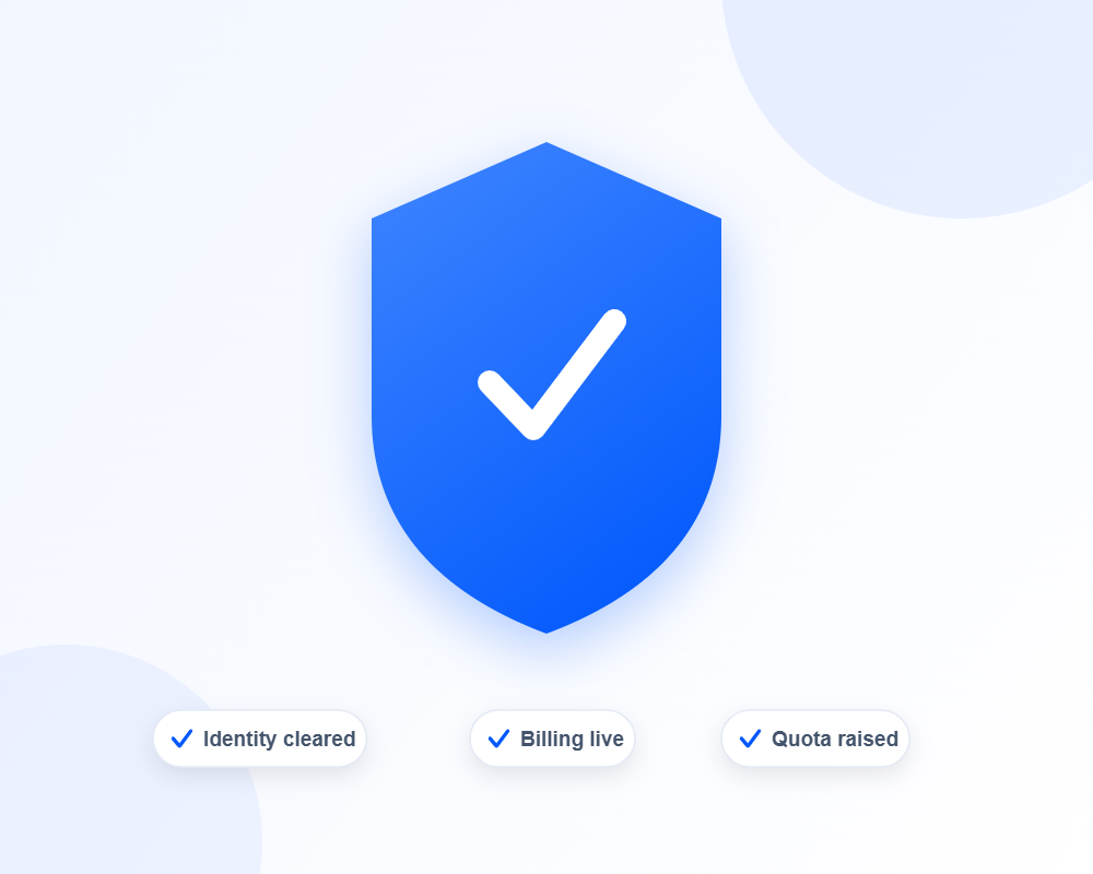 Every account is identity cleared, billing live and quota raised before delivery